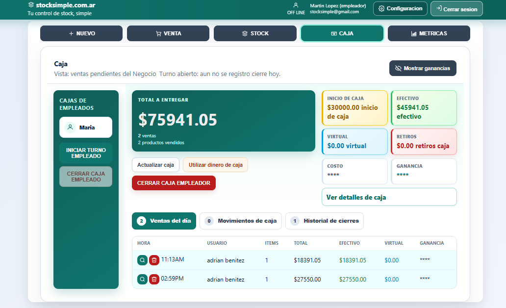 Pantalla de caja diaria y cierre de turno de StockSimple
