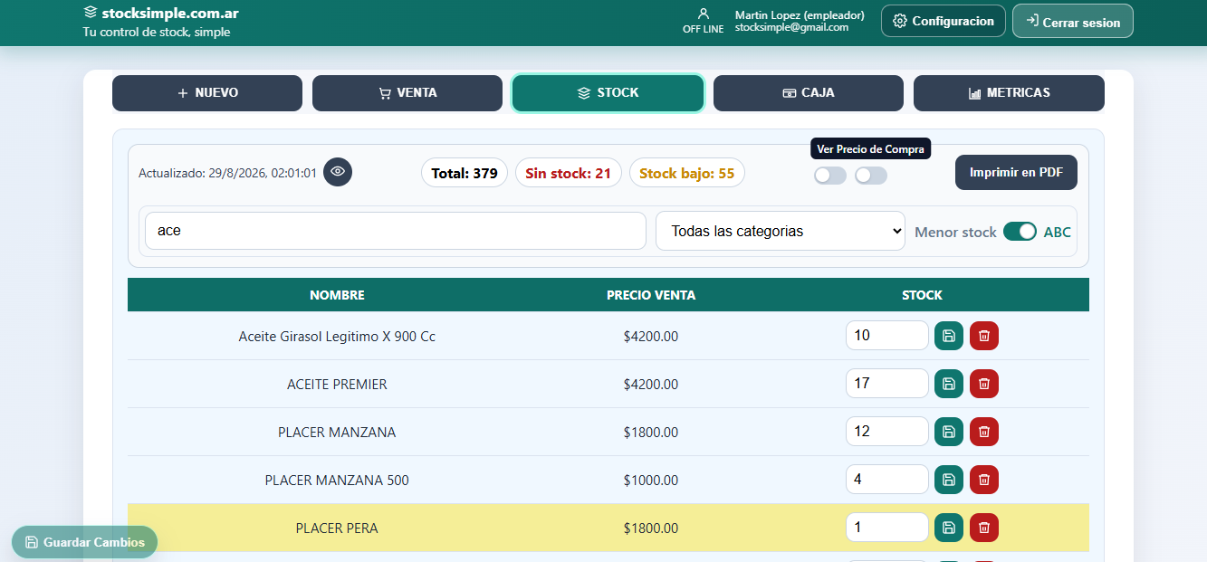 Pantalla de control de stock con alertas de StockSimple