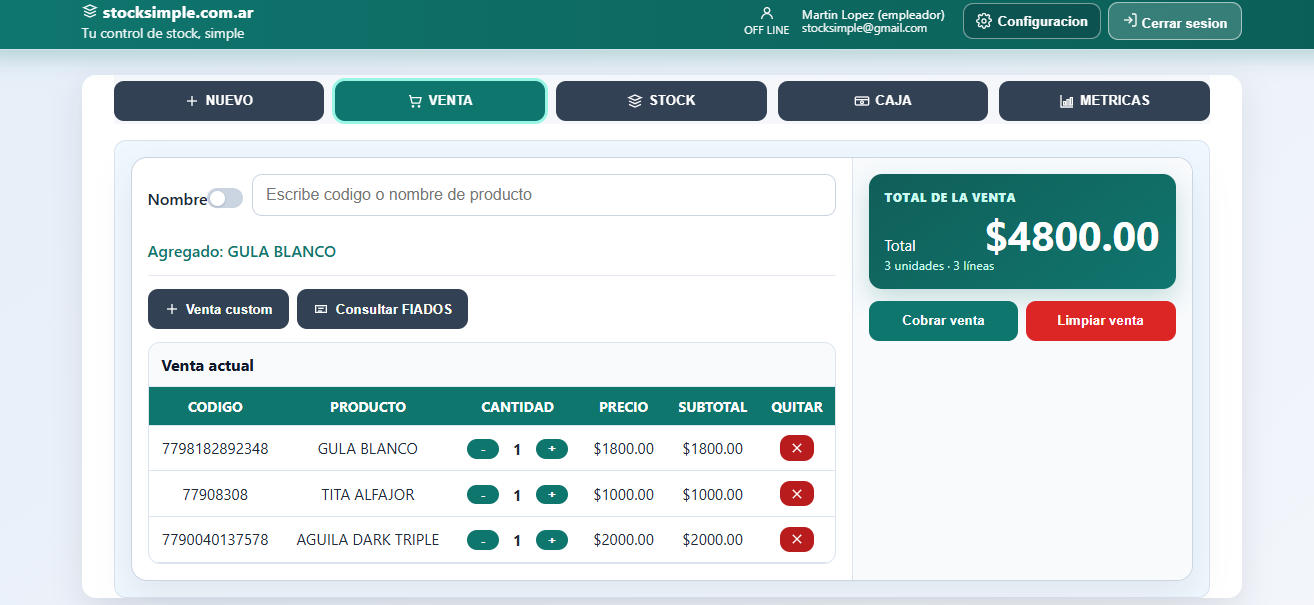 Pantalla de venta rápida de StockSimple
