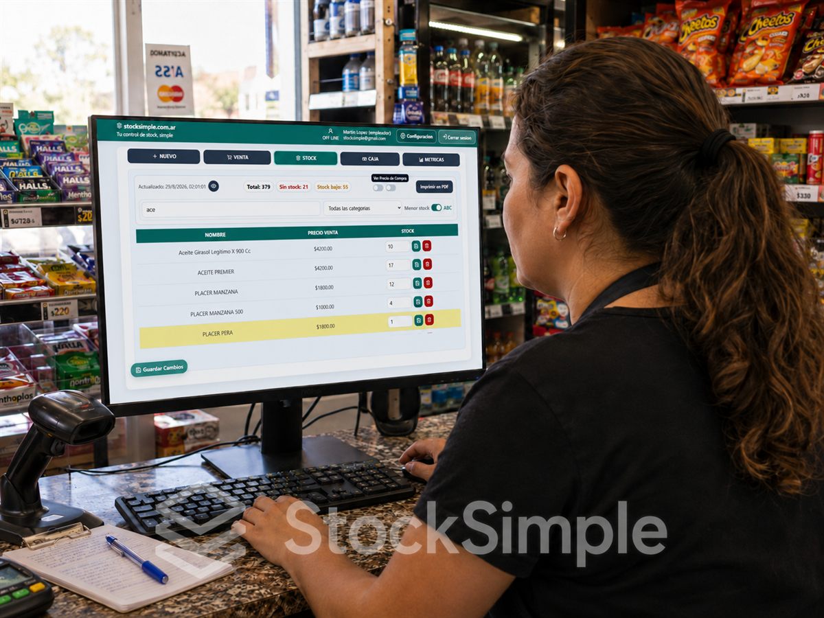 Persona controlando el stock de un kiosco con StockSimple